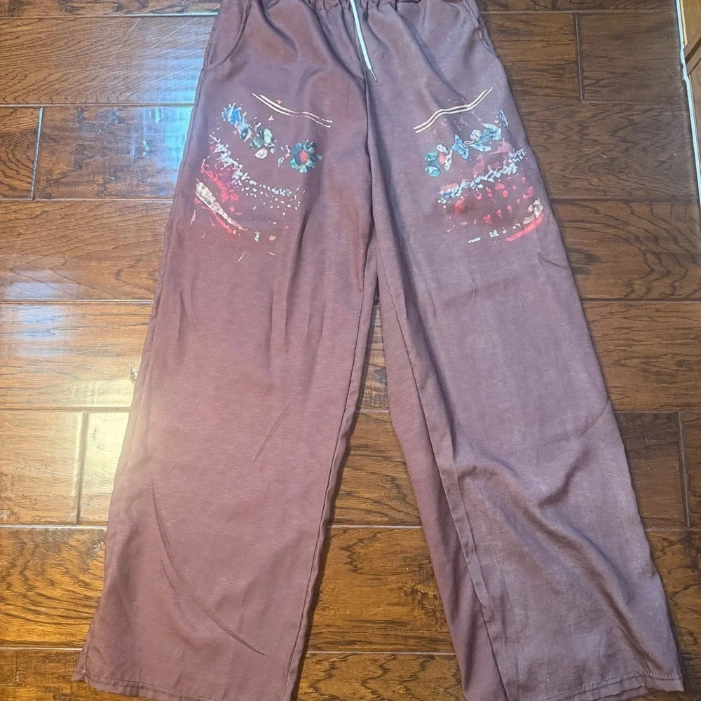 Maroon Embroidered Boho Lounge Pants​​ - Picture 2 of 3